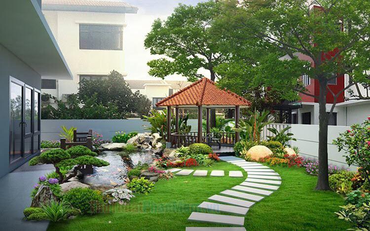 Hình ảnh không gian sân vườn yên tĩnh tại Quán Nước Tự Tế tạo cảm giác thư thái