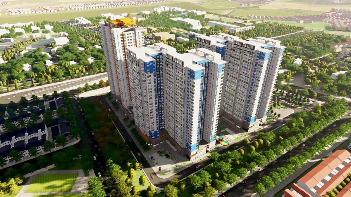 Hình ảnh tổng quan khu vực xung quanh Bến Xe Tân Uyên – Uyên Hưng, bao gồm các tòa nhà, cửa hàng hoặc đường phố lân cận