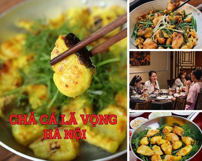 Một bàn ăn với chả cá lăng đang chiên trên bếp cùng bún rau mắm tôm tại nhà hàng 103 Trung Hòa