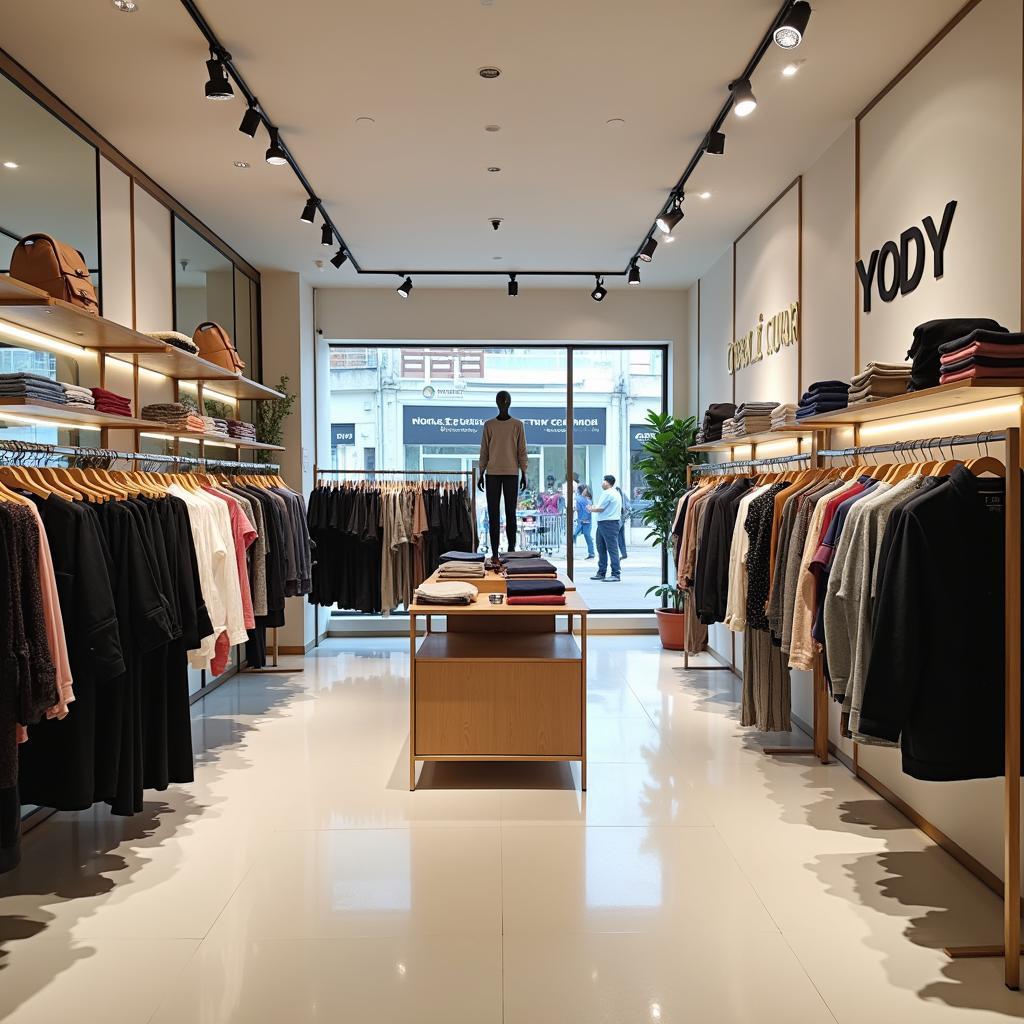 Bên trong cửa hàng Yody Phúc Yên Vĩnh Phúc, trưng bày quần áo và phụ kiện thời trang